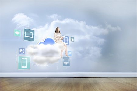 simsearch:400-07512624,k - Businesswoman holding tablet and looking up against clouds in a room Foto de stock - Super Valor sin royalties y Suscripción, Código: 400-07512631