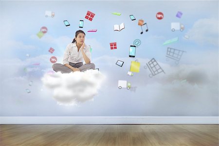 simsearch:400-08076534,k - Businesswoman sitting cross legged thinking against clouds in a room Foto de stock - Royalty-Free Super Valor e Assinatura, Número: 400-07512632