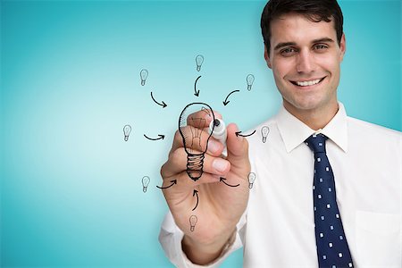 Composite image of businessman drawing light bulb against blue vignette Stock Photo - Budget Royalty-Free & Subscription, Code: 400-07512668