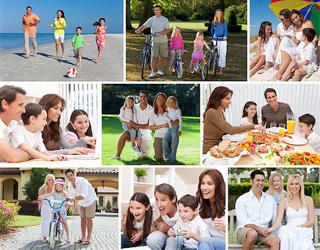 Montage happy families parents and children boys & girls enjoying an active lifestyle on holiday vacation, cycling, at beach, playing in swimming pool, eating healthy food, playing video games & using laptop computer at home. Stock Photo - Budget Royalty-Free & Subscription, Code: 400-07512749