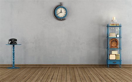 Empty vintage room with little bookshelves,clock and old telephone - rendering Photographie de stock - Aubaine LD & Abonnement, Code: 400-07513824