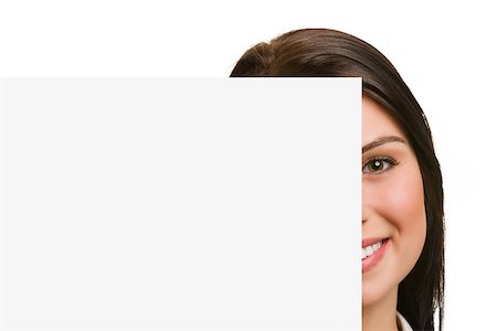 person holding up sign - Portrait of half face smiling young woman showing blank signboard Stock Photo - Budget Royalty-Free & Subscription, Code: 400-07524346