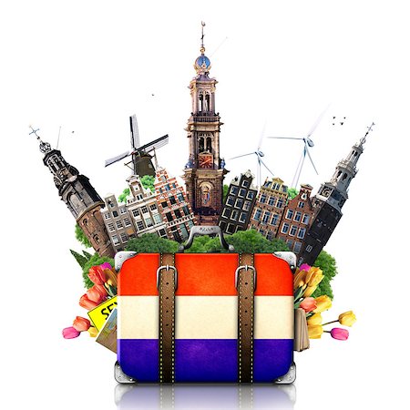 Holland, Amsterdam landmarks, travel and retro suitcase Stock Photo - Budget Royalty-Free & Subscription, Code: 400-07524815