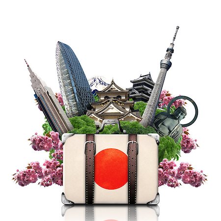 Japan, japan landmarks, travel and retro suitcase Stock Photo - Budget Royalty-Free & Subscription, Code: 400-07524817