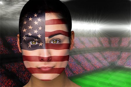 Composite image of beautiful america fan in face paint against large football stadium with fans in blue Stock Photo - Budget Royalty-Free & Subscription, Code: 400-07525935