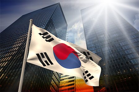 simsearch:400-07525974,k - South korea national flag against low angle view of skyscrapers at sunset Stock Photo - Budget Royalty-Free & Subscription, Code: 400-07526016