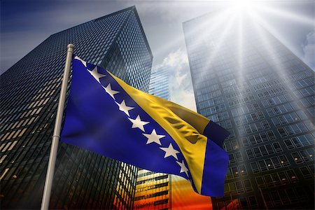 simsearch:400-07525974,k - Bosnia national flag against low angle view of skyscrapers at sunset Stock Photo - Budget Royalty-Free & Subscription, Code: 400-07526012