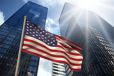 simsearch:400-07525974,k - USA national flag against low angle view of skyscrapers Stock Photo - Budget Royalty-Free & Subscription, Code: 400-07526024