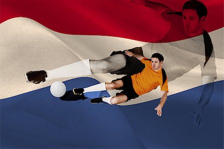 simsearch:400-07526712,k - Football player in orange kicking against digitally generated dutch national flag Stock Photo - Budget Royalty-Free & Subscription, Code: 400-07527591