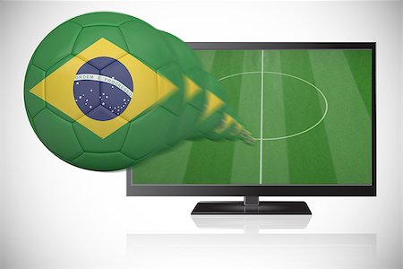 simsearch:400-07527960,k - Football in brasil colours flying out of tv against white background with vignette Stock Photo - Budget Royalty-Free & Subscription, Code: 400-07527958