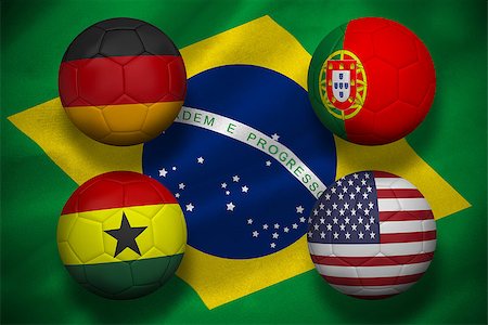 simsearch:400-07527966,k - Composite image of group g footballs for world cup against digitally generated brazilian national flag Foto de stock - Royalty-Free Super Valor e Assinatura, Número: 400-07527980