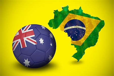 simsearch:400-07527966,k - Football in australia colours against green brazil outline with flag on yellow Foto de stock - Royalty-Free Super Valor e Assinatura, Número: 400-07528108