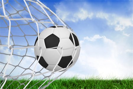 simsearch:858-03052829,k - Football at back of net against field of grass under blue sky Fotografie stock - Microstock e Abbonamento, Codice: 400-07528154