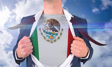 simsearch:400-07664375,k - Businessman opening shirt to reveal mexico flag against bright blue sky with clouds Foto de stock - Royalty-Free Super Valor e Assinatura, Número: 400-07528379