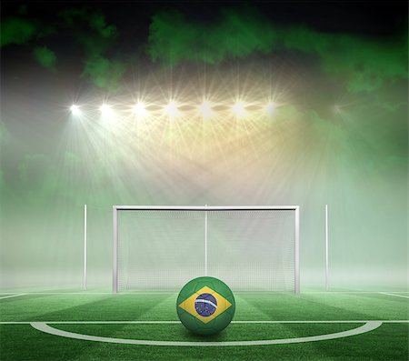 simsearch:400-07527966,k - Football in brasil colours against football pitch under spotlights Foto de stock - Royalty-Free Super Valor e Assinatura, Número: 400-07528408