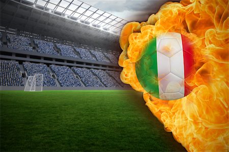 Composite image of fire surrounding italy flag football against vast football stadium with fans in blue Stock Photo - Budget Royalty-Free & Subscription, Code: 400-07528491