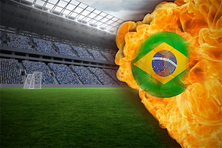 Composite image of fire surrounding brasil flag football against vast football stadium with fans in blue Stock Photo - Budget Royalty-Free & Subscription, Code: 400-07528509