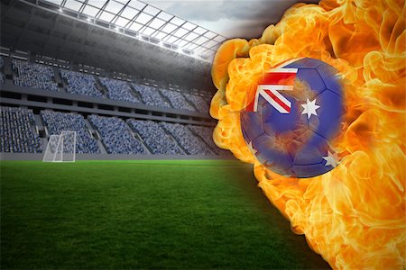 Composite image of fire surrounding australia flag football against vast football stadium with fans in blue Stock Photo - Budget Royalty-Free & Subscription, Code: 400-07528500