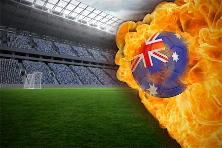 Composite image of fire surrounding australia flag football against vast football stadium with fans in blue Stock Photo - Budget Royalty-Free & Subscription, Code: 400-07528514