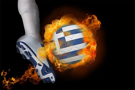 simsearch:400-07527960,k - Football player kicking flaming greece flag ball against black Stock Photo - Budget Royalty-Free & Subscription, Code: 400-07528520