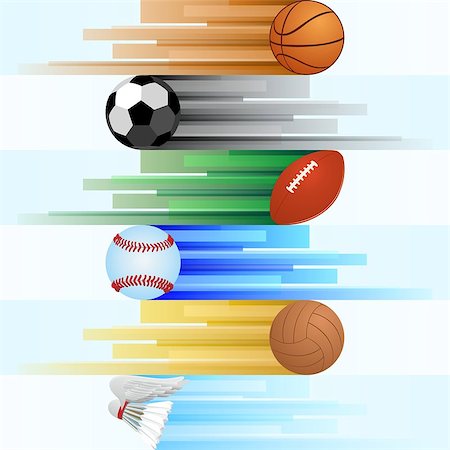 Balls for basketball, soccer, rugby, baseball, volleyball and shuttlecock badminton on an abstract background. Illustration on white background. Stock Photo - Budget Royalty-Free & Subscription, Code: 400-07544248
