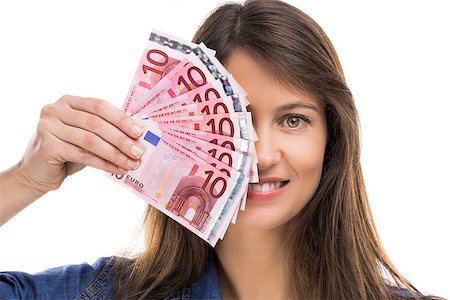 Beauitful woman holding some Euro currency notes, isolated over white background Stock Photo - Budget Royalty-Free & Subscription, Code: 400-07545532