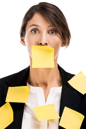 Business woman portrait with yellow paper notes on the face, isolated over a white background Stock Photo - Budget Royalty-Free & Subscription, Code: 400-07545560