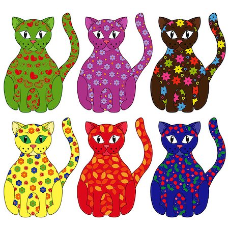 simsearch:400-08920017,k - Set of six stylized cats painted by various floral and geometric ornaments, hand drawing cartoon vector illustration Stockbilder - Microstock & Abonnement, Bildnummer: 400-07547963