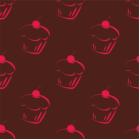 simsearch:400-08097094,k - Seamless dark vector pattern or tile texture with chocolate cupcakes, muffins, sweet cake and pink cherry and brown background. Sweets for valentines, wallpaper, desktop or culinary blog website. Stock Photo - Budget Royalty-Free & Subscription, Code: 400-07548785