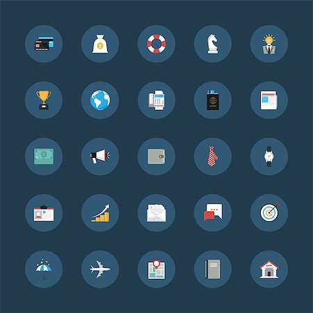 Vector collection of modern, simple, flat and trendy business and office icons on dark background. Stock Photo - Budget Royalty-Free & Subscription, Code: 400-07549321