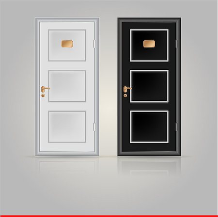 front door closed inside - Black and white doors with golden doorplate and handle. Two illustrations on white. Stock Photo - Budget Royalty-Free & Subscription, Code: 400-07554131