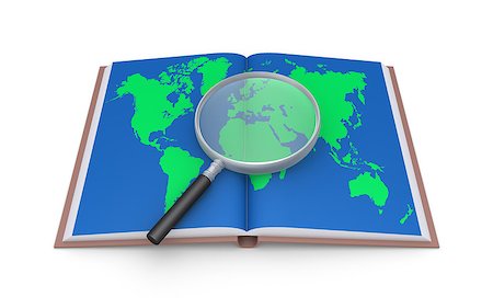 Magnifier on an opened book with the world map in its page Stock Photo - Budget Royalty-Free & Subscription, Code: 400-07554537