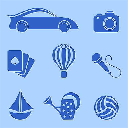 Blue hobby and leisure icons on blue background Foto de stock - Super Valor sin royalties y Suscripción, Código: 400-07554888