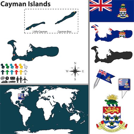 simsearch:400-07555328,k - Vector map of Cayman Islands with regions, coat of arms and location on world map Foto de stock - Super Valor sin royalties y Suscripción, Código: 400-07555306