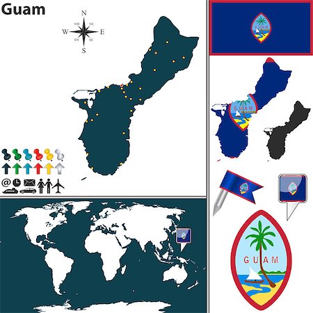 simsearch:400-08047076,k - Vector map of Guam with regions, coat of arms and location on world map Stock Photo - Budget Royalty-Free & Subscription, Code: 400-07555314