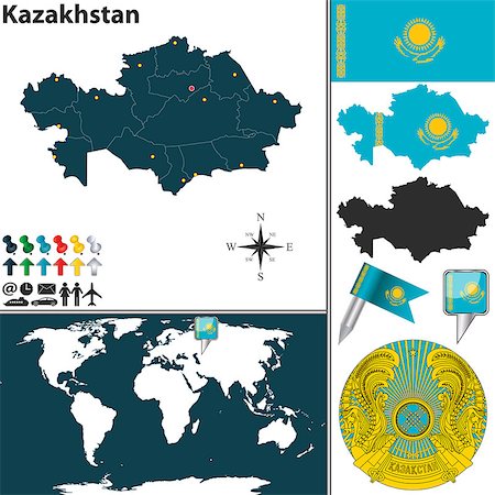 simsearch:400-07661879,k - Vector map of Kazakhstan with regions, coat of arms and location on world map Photographie de stock - Aubaine LD & Abonnement, Code: 400-07555318