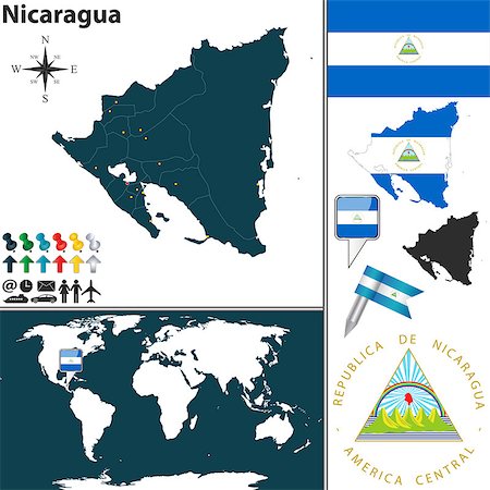 simsearch:400-07555314,k - Vector map of Nicaragua with regions, coat of arms and location on world map Stock Photo - Budget Royalty-Free & Subscription, Code: 400-07555328