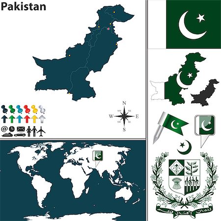 simsearch:400-06880742,k - Vector map of Pakistan with regions, coat of arms and location on world map Photographie de stock - Aubaine LD & Abonnement, Code: 400-07555330