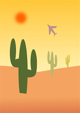 simsearch:645-01826425,k - Sunset over a desert landscape with cactuses and a plane in the sky. Foto de stock - Super Valor sin royalties y Suscripción, Código: 400-07555515