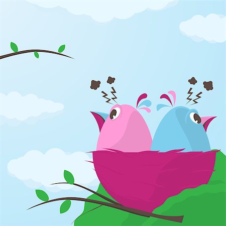 simsearch:400-04603456,k - Two cute little cartoon little birds in a nest having a fight sitting with their backs to each other in anger ignoring one another, vector illustration Foto de stock - Royalty-Free Super Valor e Assinatura, Número: 400-07555855