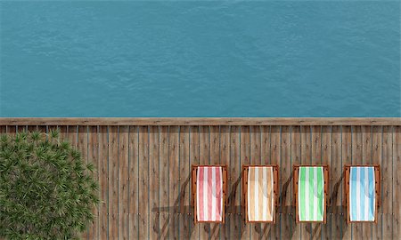 Top view of four deckchairs on a wooden pier - rendering Stock Photo - Budget Royalty-Free & Subscription, Code: 400-07556257