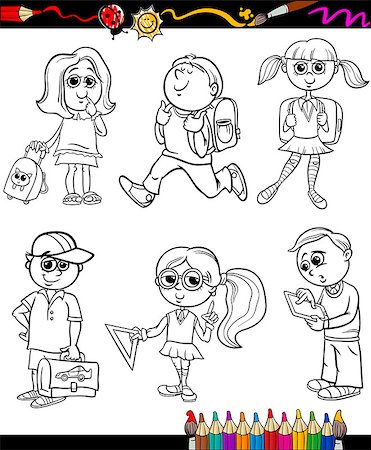 student backpack glasses - Coloring Book or Page Cartoon Illustration of Color and Black and White Primary School Students or Pupils Boys and Girls Characters Set for Children Stock Photo - Budget Royalty-Free & Subscription, Code: 400-07556670