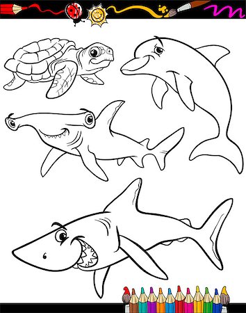 simsearch:400-08916743,k - Coloring Book or Page Cartoon Illustration of Color and Black and White Sea Life Animals Set for Children Stock Photo - Budget Royalty-Free & Subscription, Code: 400-07556671