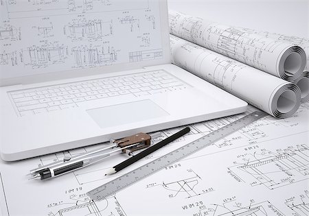 simsearch:400-06483447,k - Scrolls engineering drawings and laptop. Desk Engineer Fotografie stock - Microstock e Abbonamento, Codice: 400-07557087