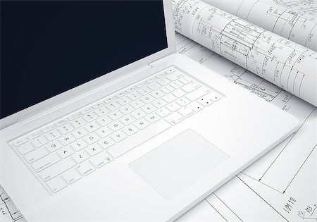 simsearch:400-06483447,k - Scrolls engineering drawings and laptop. Desk Engineer Fotografie stock - Microstock e Abbonamento, Codice: 400-07557128