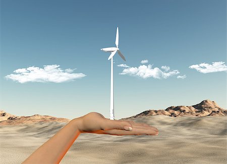 3D render of a female hand holding a wind turbine against a desert background Stock Photo - Budget Royalty-Free & Subscription, Code: 400-07557670