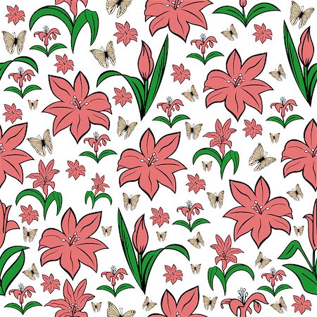 simsearch:400-07558492,k - Illustration of seamless background from lilies and butterflies isolated Stock Photo - Budget Royalty-Free & Subscription, Code: 400-07558493