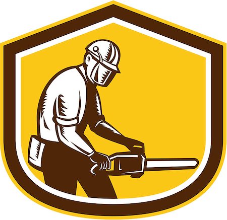 simsearch:400-08574574,k - Illustration of lumberjack arborist tree surgeon operating a chainsaw set inside shield crest shape on isolated white background done in retro style. Stock Photo - Budget Royalty-Free & Subscription, Code: 400-07550121