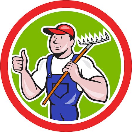 simsearch:400-07422645,k - Illustration of gardener organic farmer holding rake facing front with thumbs up set inside circle on isolated background done in cartoon style. Photographie de stock - Aubaine LD & Abonnement, Code: 400-07550146