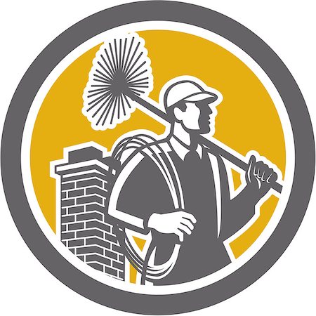 Illustration of a chimney sweep holding sweeper and rope viewed from side set inside circle on isolated background done in retro style. Foto de stock - Super Valor sin royalties y Suscripción, Código: 400-07550148